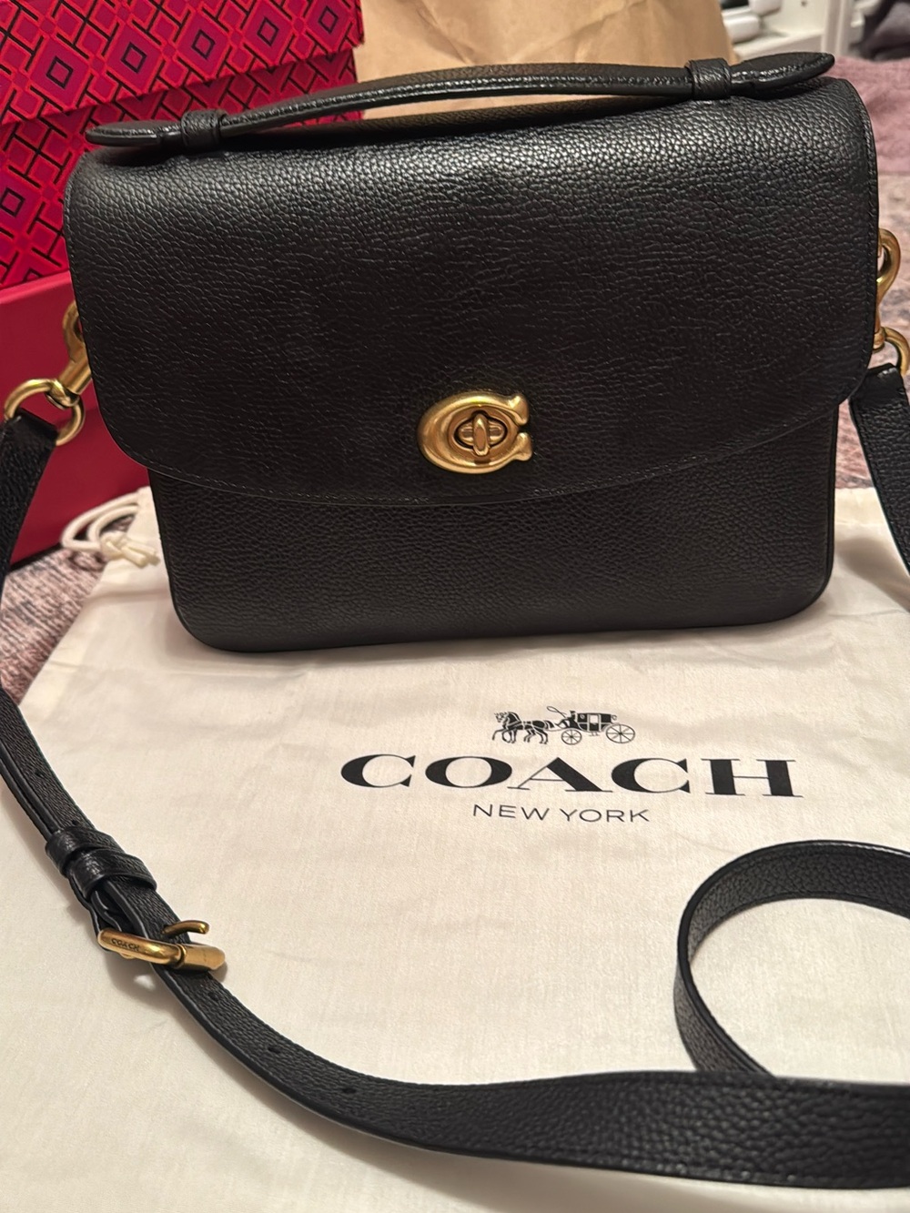 Coach Black Pebbled Leather Turnlock Crossbody with Gold Hardware